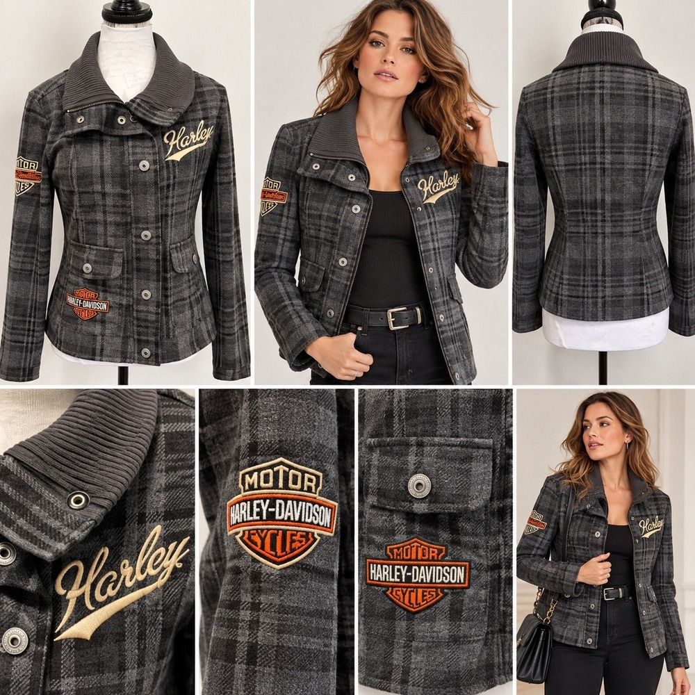 Harley-Davidson Plaid Moto Jacket Women S Biker Grunge Ribbed Collar Grey Logo